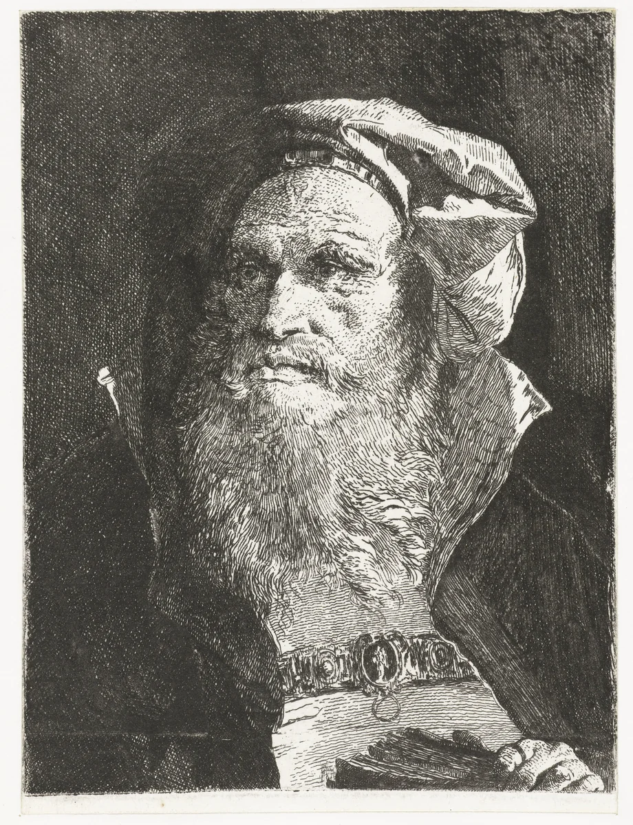 Oude man met baard en boek by Giovanni Domenico Tiepolo, print, 1757-1758