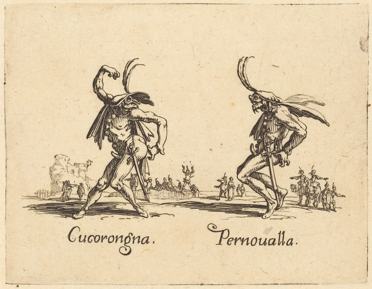 Cucorongna and Pernoualla by Jacques Callot, print, 1622