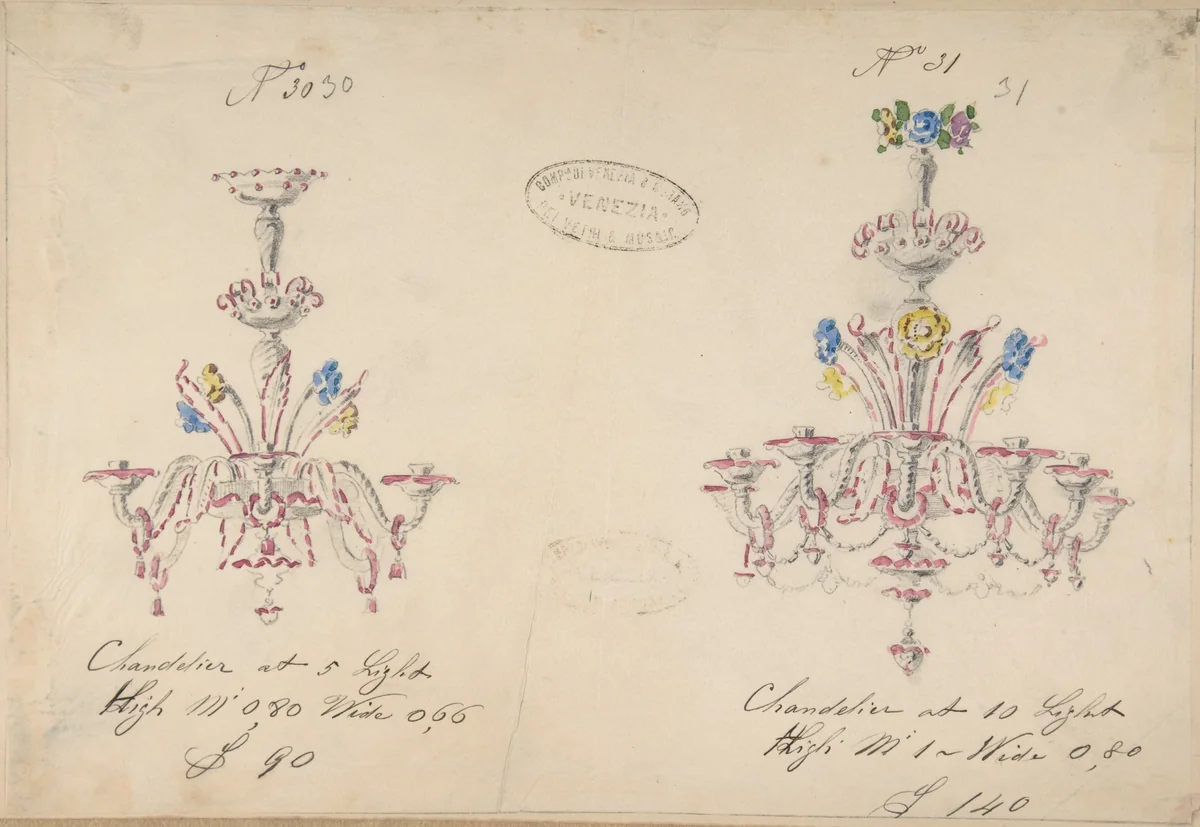 One of Twenty-Three Sheets of Drawings of Glassware (Mirrors, Chandeliers, Goblets, etc.) by Compagnia di Venezia e Murano, drawing, 1850-1880