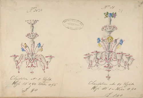 One of Twenty-Three Sheets of Drawings of Glassware (Mirrors, Chandeliers, Goblets, etc.) by Compagnia di Venezia e Murano, drawing, 1850-1880