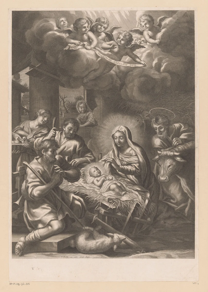 Aanbidding door de herders by François de Poilly, print, 1632-1693