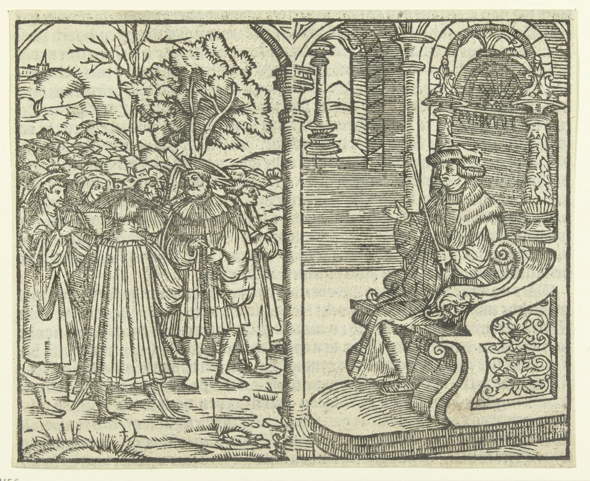 Man op troon en menigte mensen by anonymous, print, 1520-1570