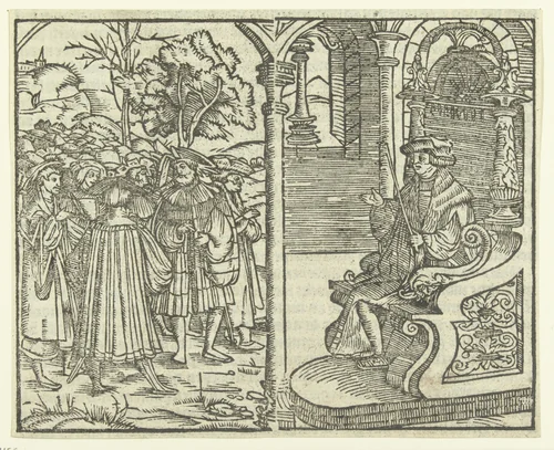 Man op troon en menigte mensen by anonymous, print, 1520-1570