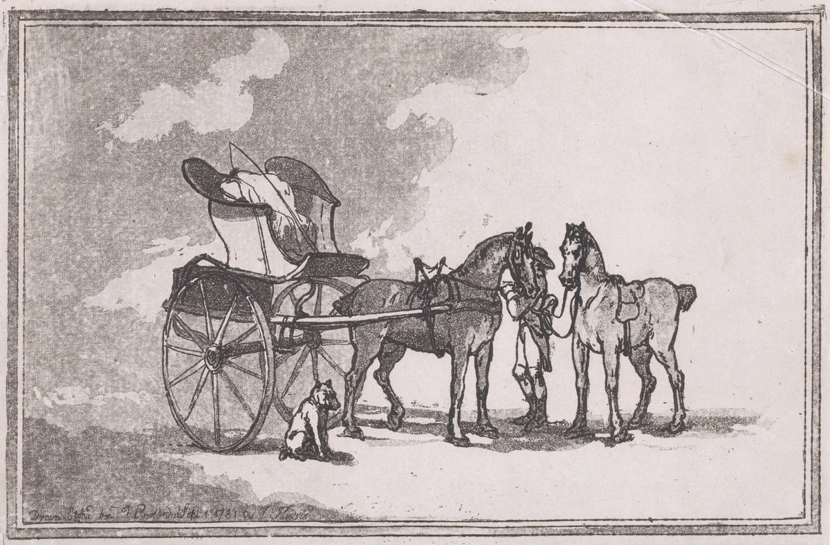 A Cabriolet or Curricle with a Man Holding Two Horses (A Post Chaise) by Thomas Rowlandson, print, 1787