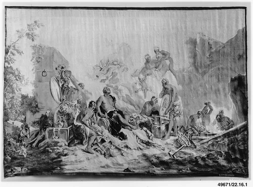 Vulcan Presenting Arms for Aeneas to Venus from a set of The Loves of the Gods by François Boucher, textile, 1754