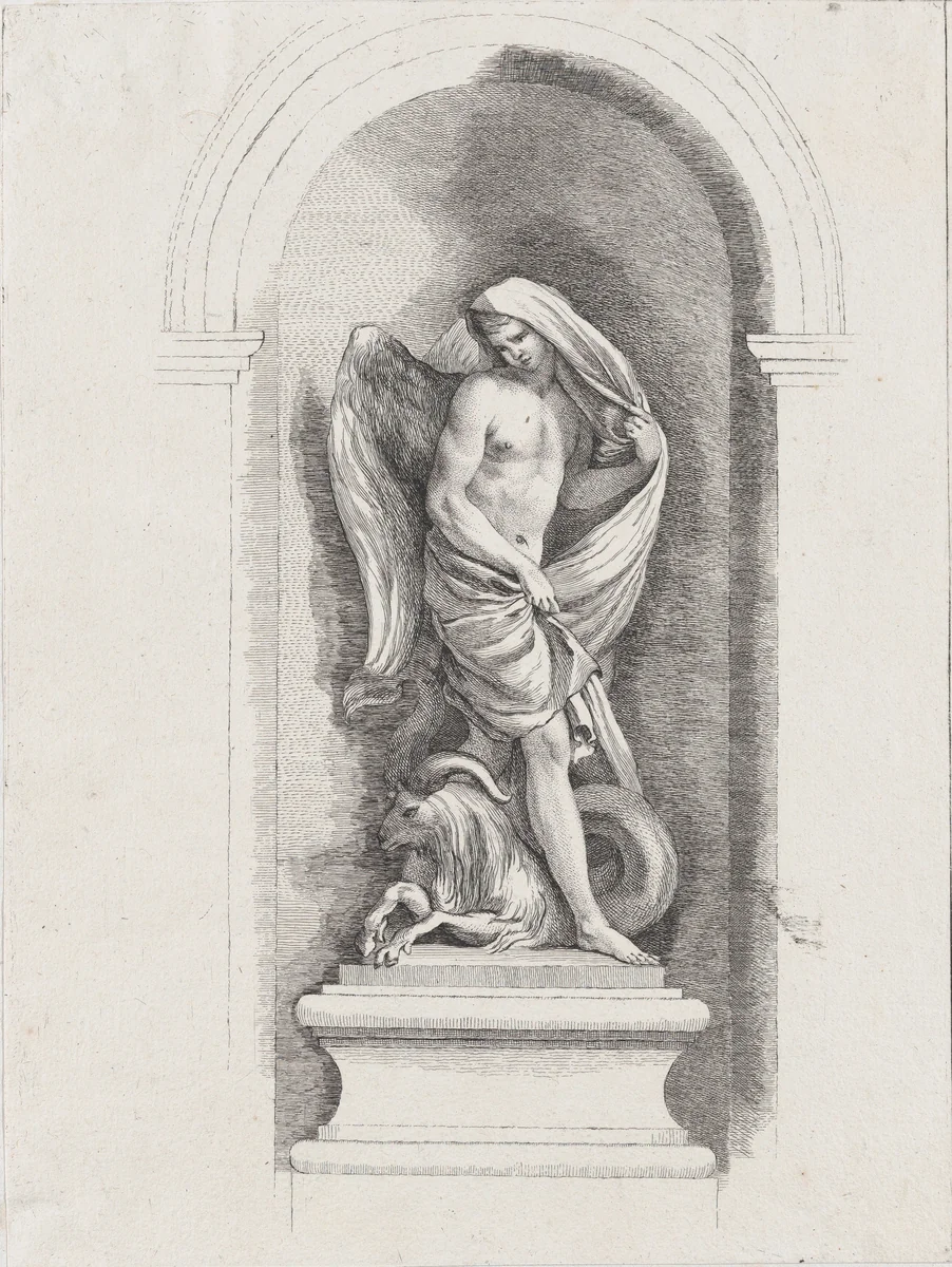 Standing male angel holding drapery and standing over a ram; allegory of Spring; after bas-relief on Fontaine des Quatre-Saisons (Paris) by anonymous, print, 1745-1800