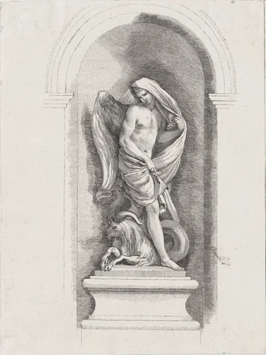 Standing male angel holding drapery and standing over a ram; allegory of Spring; after bas-relief on Fontaine des Quatre-Saisons (Paris) by anonymous, print, 1745-1800