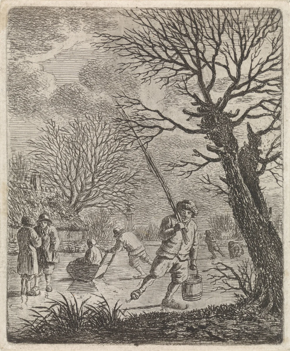 Winterlandschap met schaatser by Johannes Christiaan Janson, print, 1778-1823