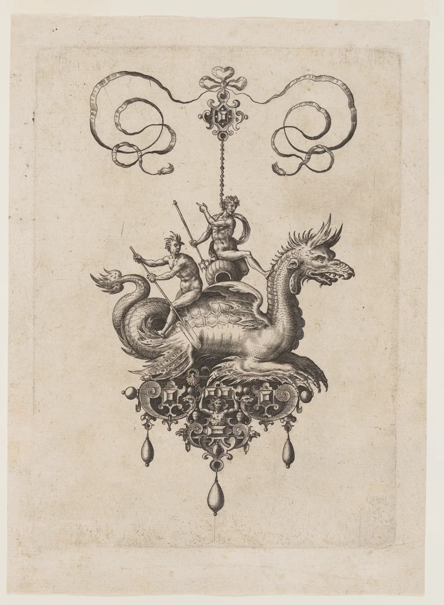 Designs for Pendants with Sea Monsters by Adriaen Collaert, print, 1582