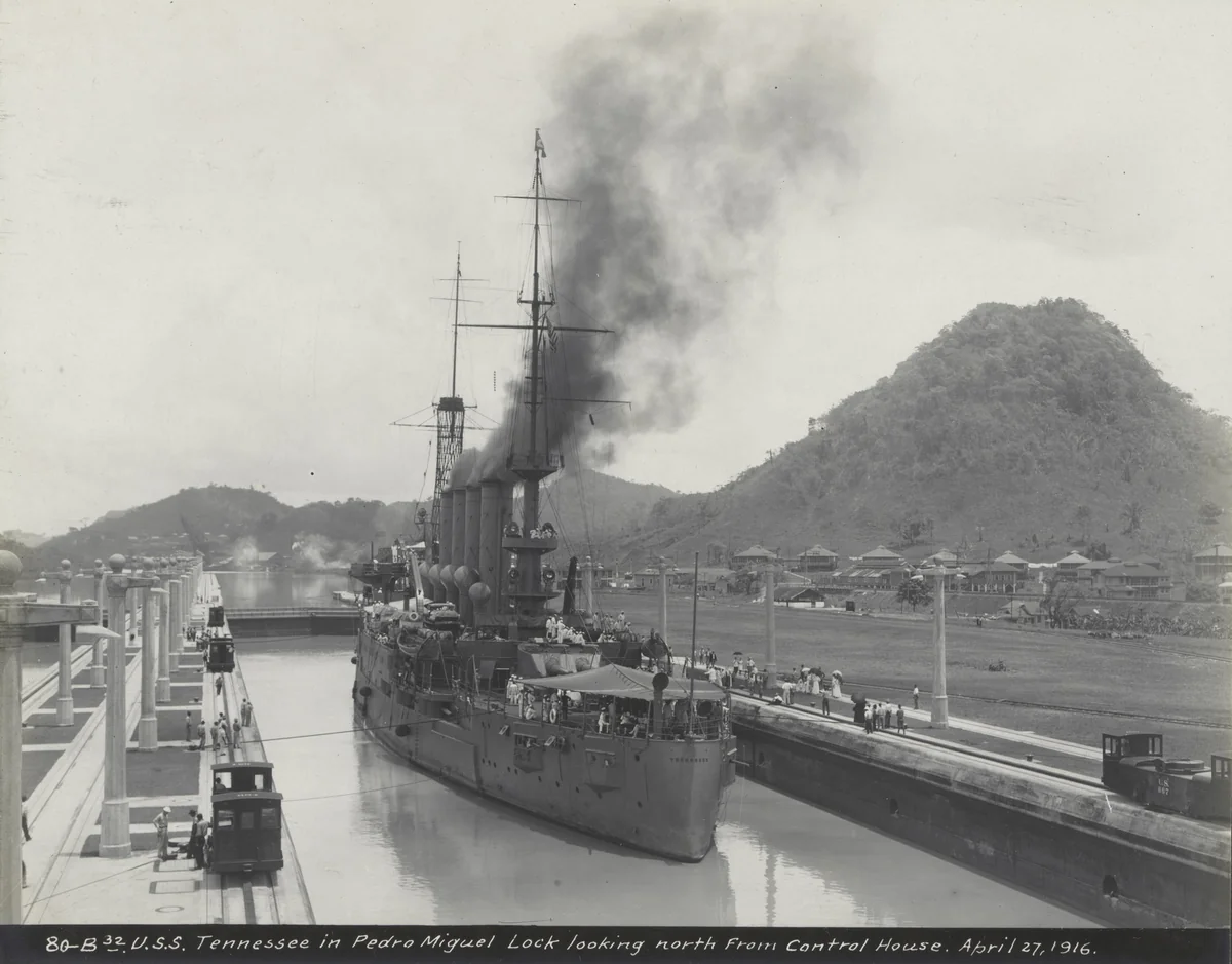 U.S.S. Tennessee in Pedro Miguel Lock looking north from Control House by Unidentified Photographer, photograph, 1916