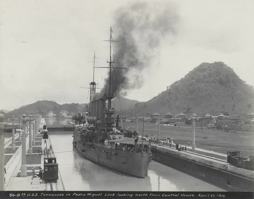 U.S.S. Tennessee in Pedro Miguel Lock looking north from Control House by Unidentified Photographer, photograph, 1916