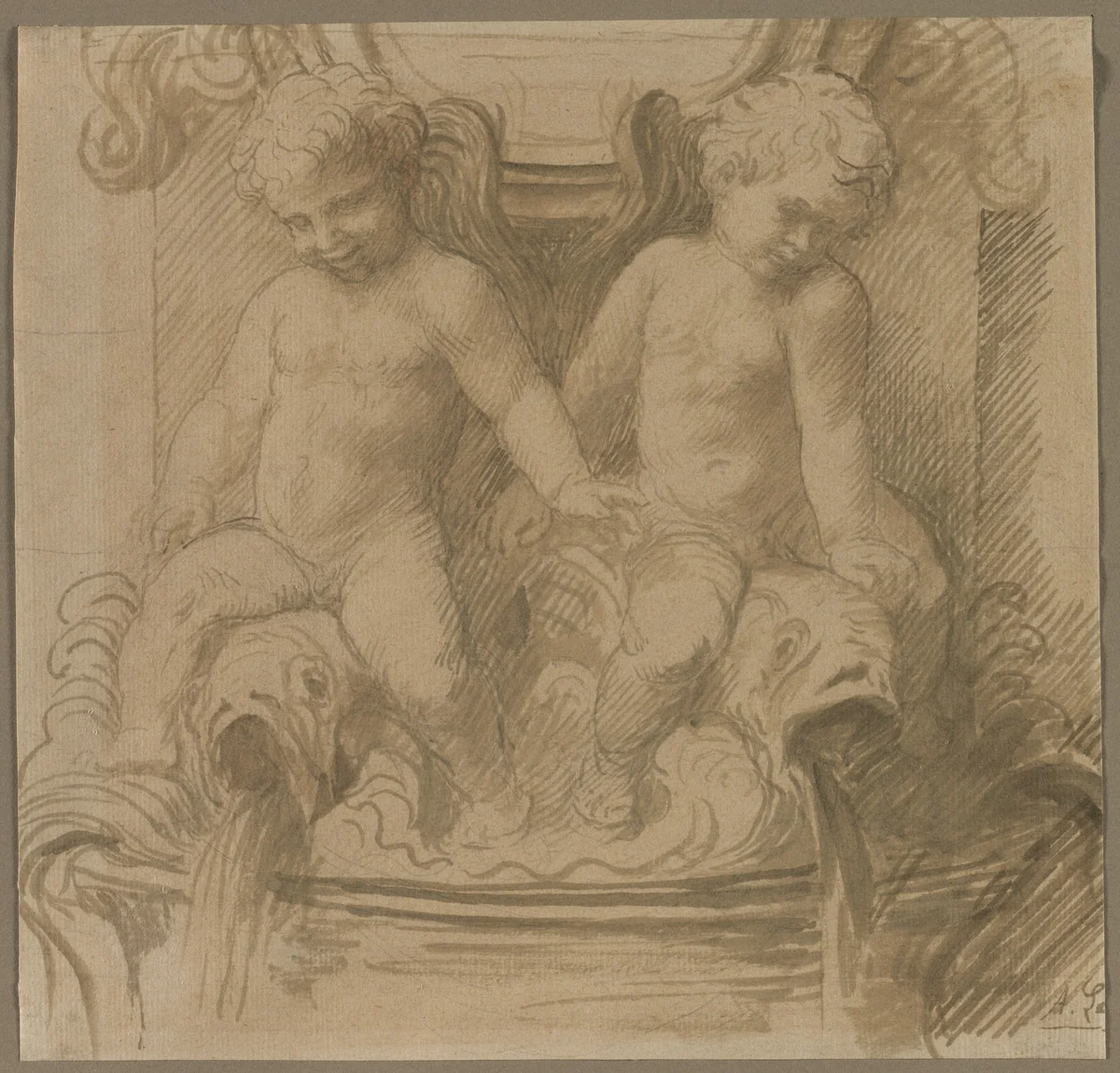 Fountain with Putti Riding Dolphins by Alphonse Legros, drawing, 1837-1911