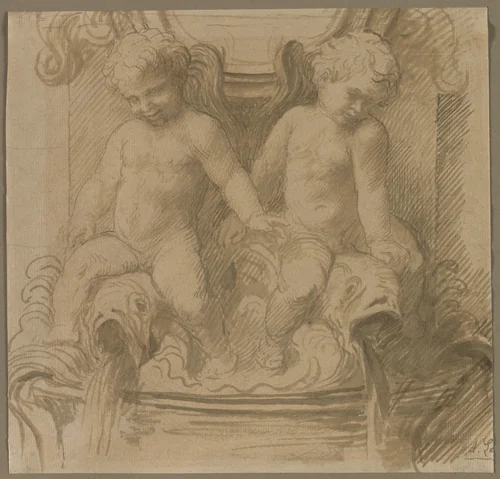 Fountain with Putti Riding Dolphins by Alphonse Legros, drawing, 1837-1911
