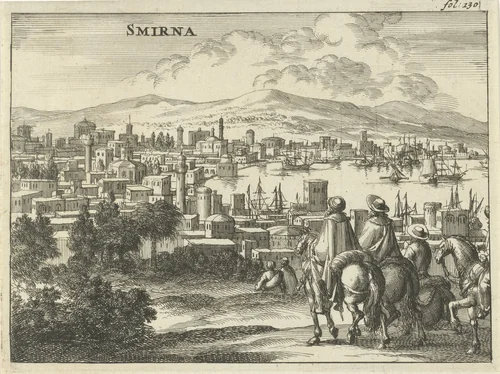 Gezicht op Smyrna by Jan Luyken, print, 1689