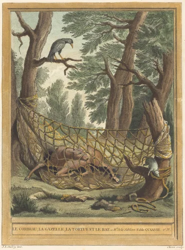 Le corbeau, la gazelle, la tortue et le rat (The Crow, the Gazelle, the Tortoise, andthe Rat) by Pierre Chenu; Jean-Baptiste Oudry, print, 1759