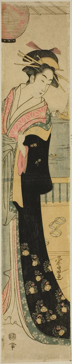 Women Standing on Veranda by a River by Chokosai Eisho, print, 1775-1805