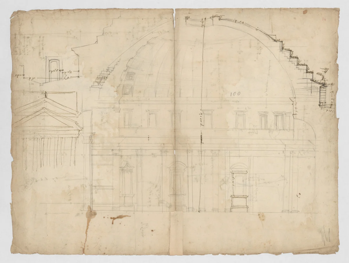 Pantheon, section (recto) Pantheon, capital, elevation; capital, details by anonymous, drawing, 1500-1560