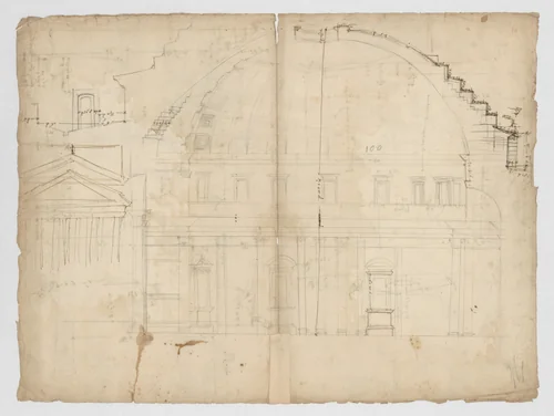 Pantheon, section (recto) Pantheon, capital, elevation; capital, details by anonymous, drawing, 1500-1560