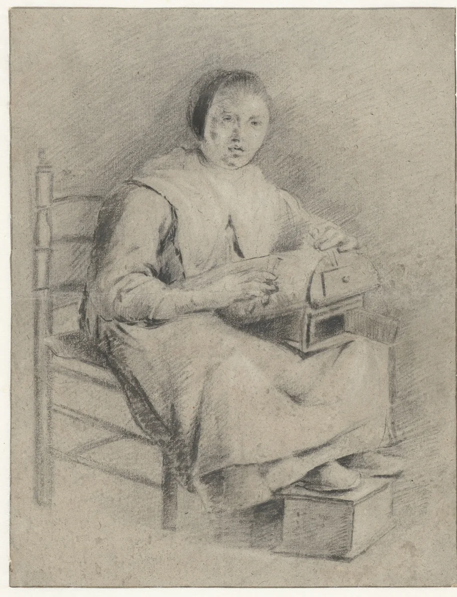 Zittende vrouw met kloskussen op schoot by Quiringh Gerritsz. van Brekelenkam, drawing, 1630-1668