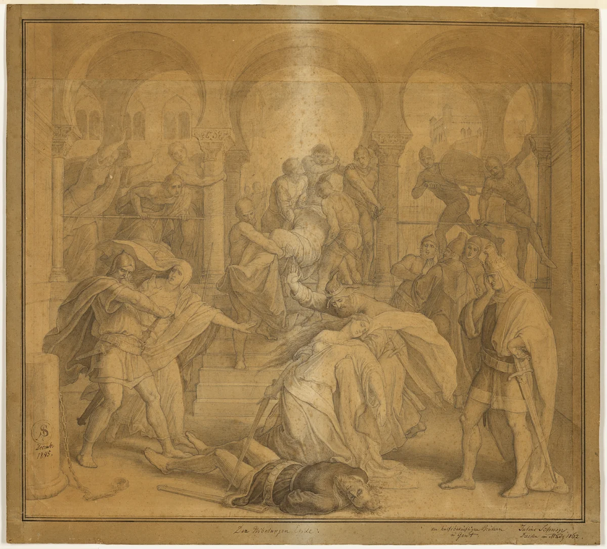 The Nibelungen's End - The Death of Kriemhild by Julius Schnorr von Carolsfeld, drawing, 1845