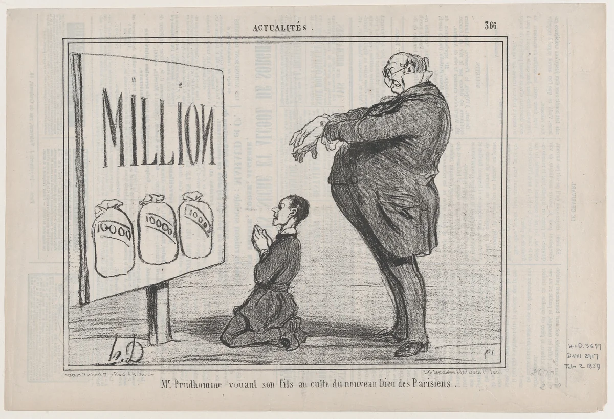 Mr. Prudhomme vouant son fils au... nouveau dieu..., from "Actualitès" by Honoré Daumier, print, 1857