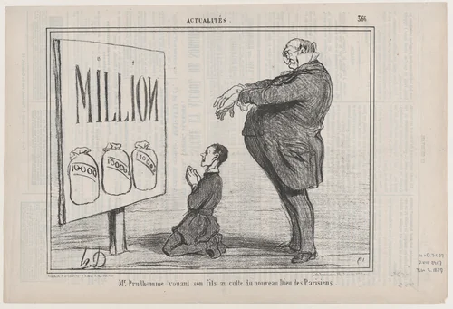 Mr. Prudhomme vouant son fils au... nouveau dieu..., from "Actualitès" by Honoré Daumier, print, 1857