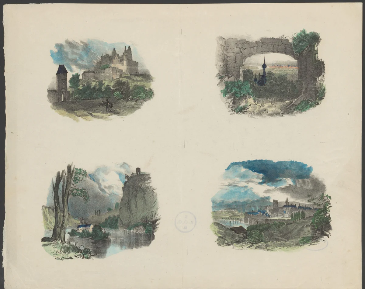 Vier gezichten op kastelen by anonymous, print, 1800-1899