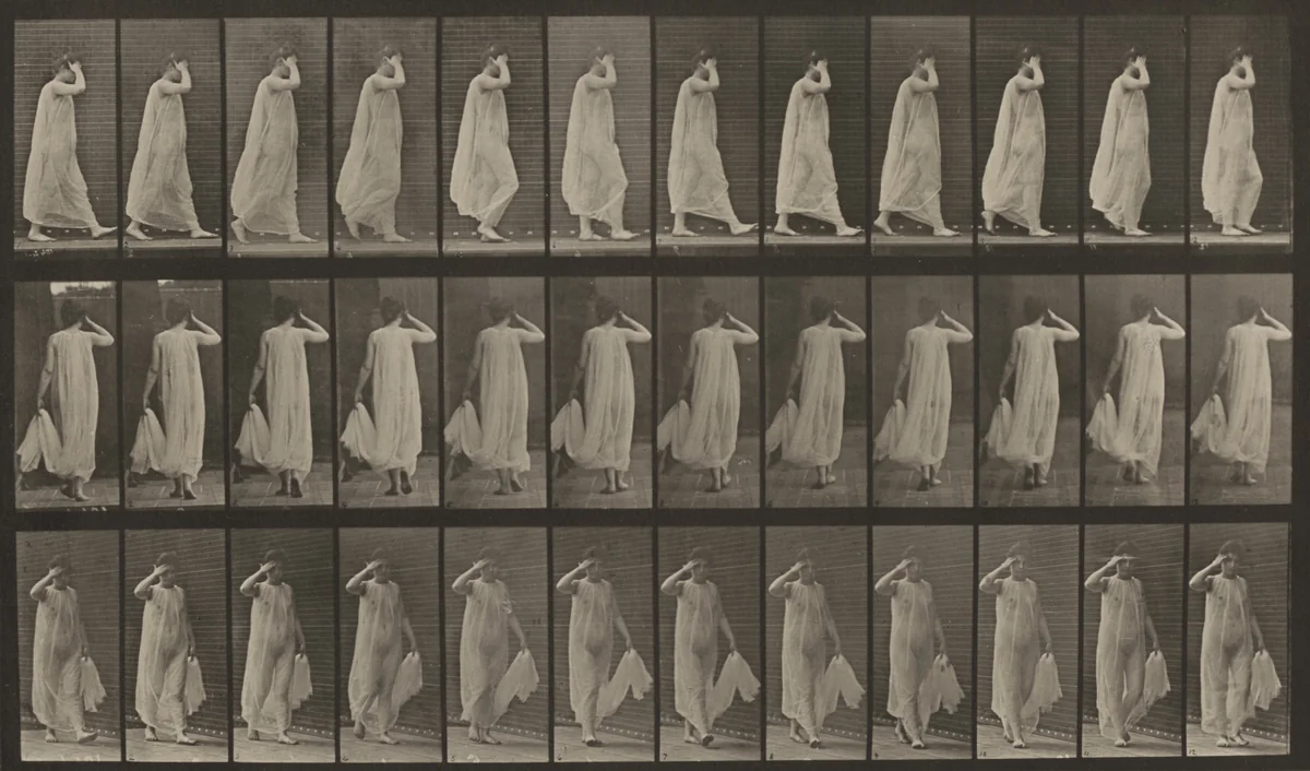 Plate Number 37. Walking; left hand holding dress, right hand at face by Eadweard Muybridge, photograph, 1887