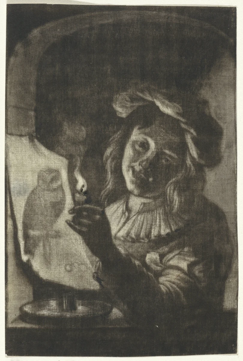 Jongen met een prent waarop een uil bij kaarslicht by Aert Schouman, print, 1720-1792