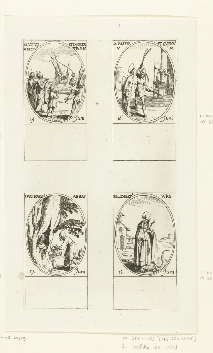 Heilige Vitus, Heilige Crescentia en Heilige Modestus van Lucania, Heilige Julitta en Heilige Quiricus van Tarsus, Heilige Wulmar van Boulogne, Heilige Elisabeth van Schönau (15-18 juni) by Jacques Callot, print, 1632-1636