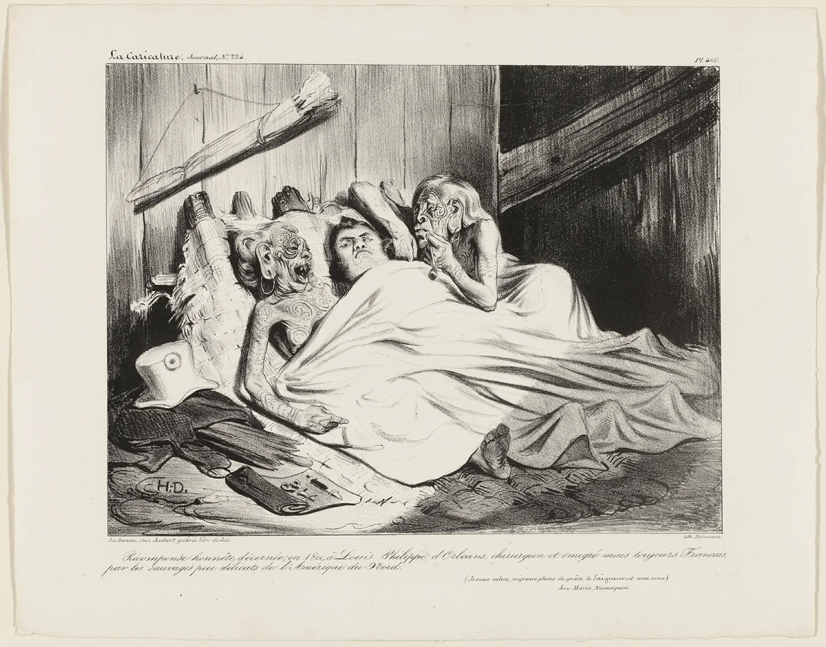A Fair Reward Presented in 1800 by the Un-Prudish Savages of North America to Louis-Philippe of Orléans, surgeon and expatriate, but still a Frenchman. (I salute you, gracious Black Lady, the Lord is with you.) A Namaquan Ave Maria, plate 466 by Honoré-Victorin Daumier, print, 1835