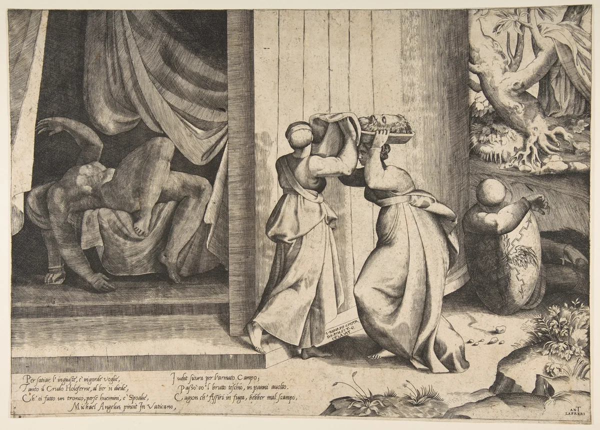 Judith passing the head of Holofernes to her maidservant, the decapitated Holofernes inside the tent at left by Giulio Bonasone, print, 1531-1576