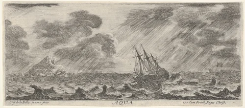 Water, a ship at sea during a storm, from "The Four Elements" (Les Quatre Eléments) by Stefano della Bella, print, 1645-1650