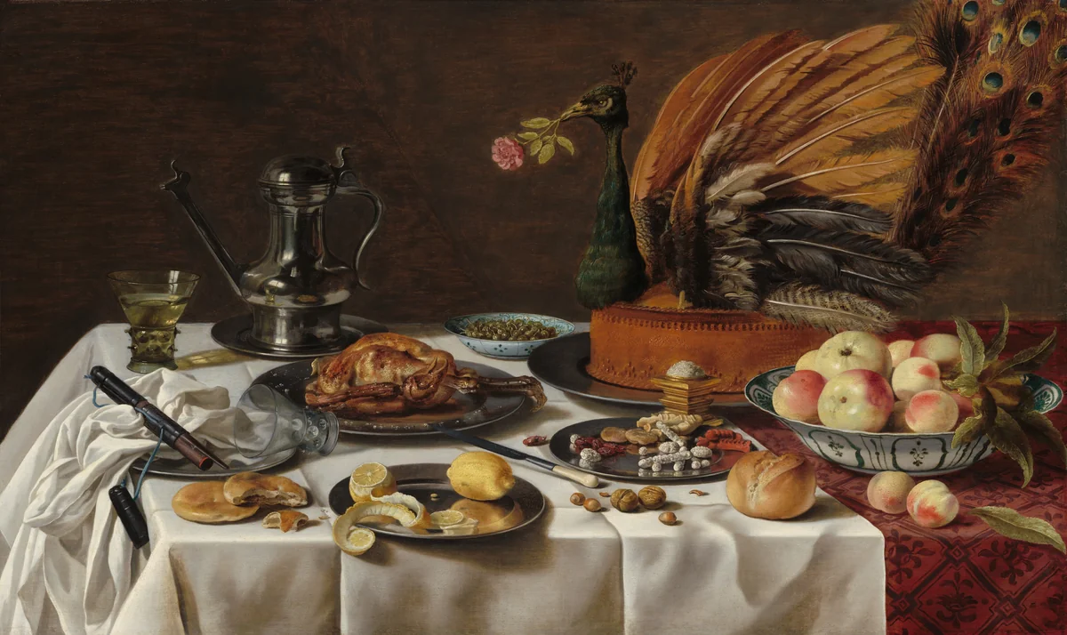Still Life with Peacock Pie by Pieter Claesz, painting, 1627
