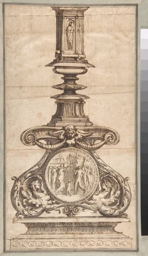 Design of a Candlestick with Winged Figures at Base Surrounding Scenic Medallion by Perino del Vaga, drawing, 1501-1547