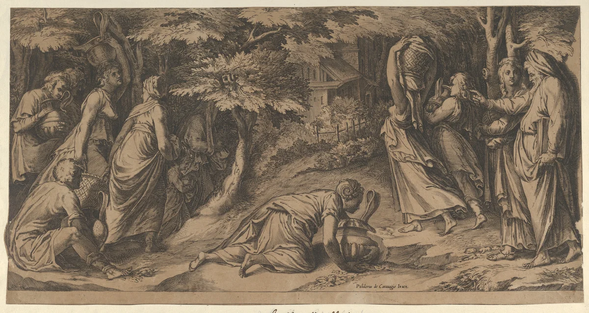 The Israelites fleeing Egypt with Moses at right extending his right hand and with a woman carrying an urn prostrate before him by Cherubino Alberti, print, 1576