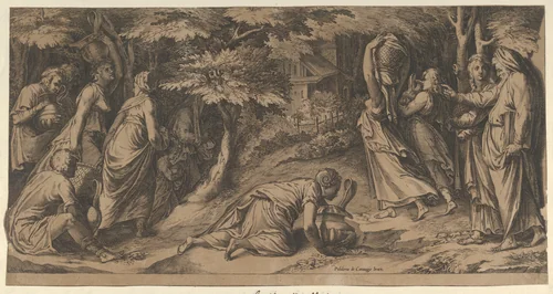 The Israelites fleeing Egypt with Moses at right extending his right hand and with a woman carrying an urn prostrate before him by Cherubino Alberti, print, 1576