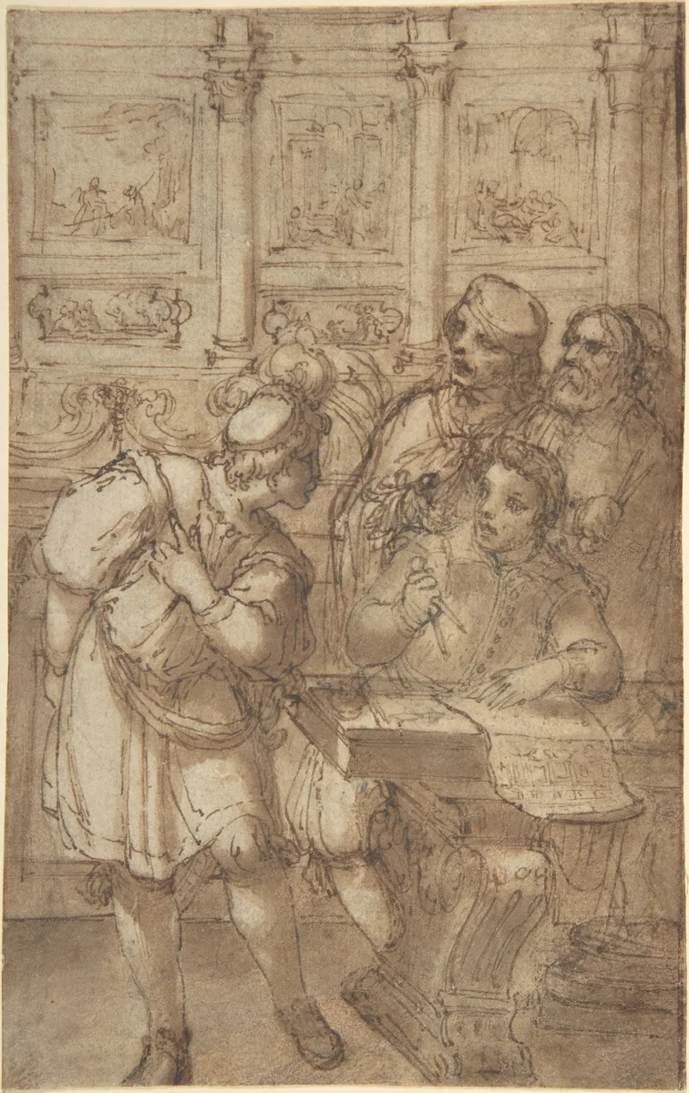 Architect in His Study Holding a Compass and Conversing with Three Men by Agostino Tassi, drawing, 1600-1700
