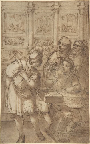 Architect in His Study Holding a Compass and Conversing with Three Men by Agostino Tassi, drawing, 1600-1700