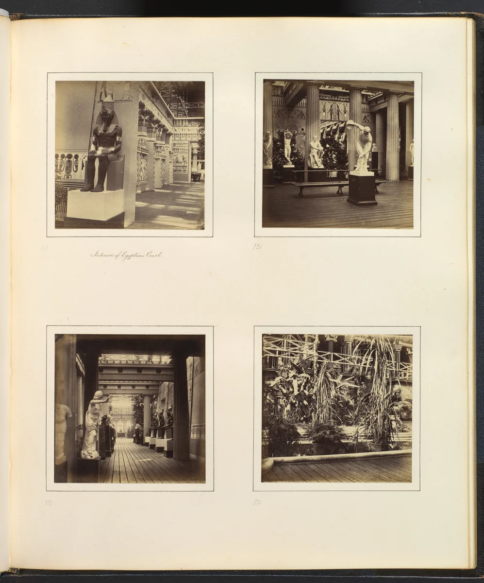 [Interior of Egyptian Court; Classical Sculpture Gallery with Discus-Thrower; View of Egyptian Court from Classical Sculpture Gallery; Foliage in the Egyptian Court] by Philip Henry Delamotte, photograph, 1857-1861