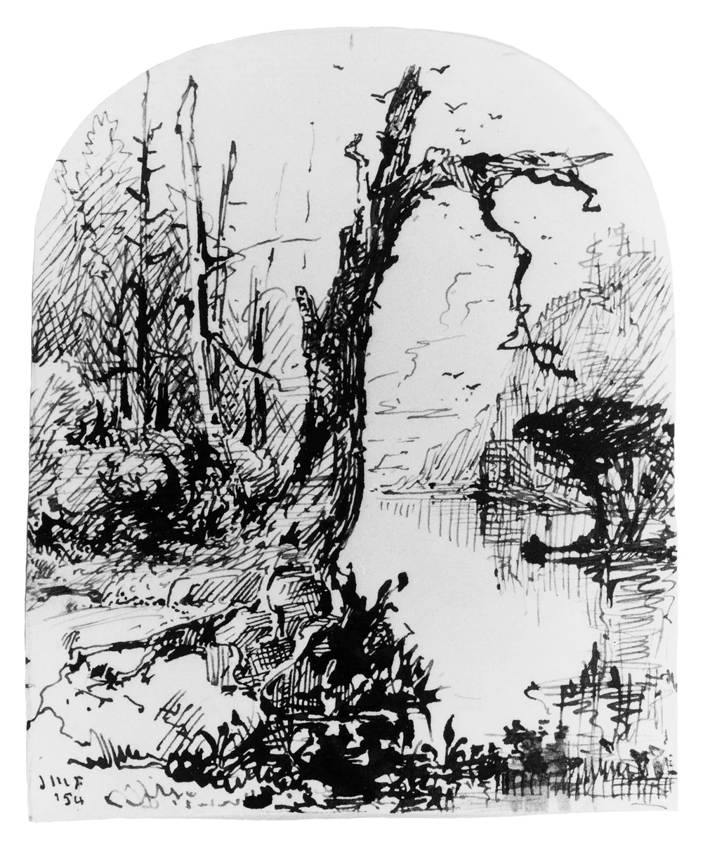 Lake Scene with Trees (from Cropsey Album) by John Mackie Falconer, artwork, 1854