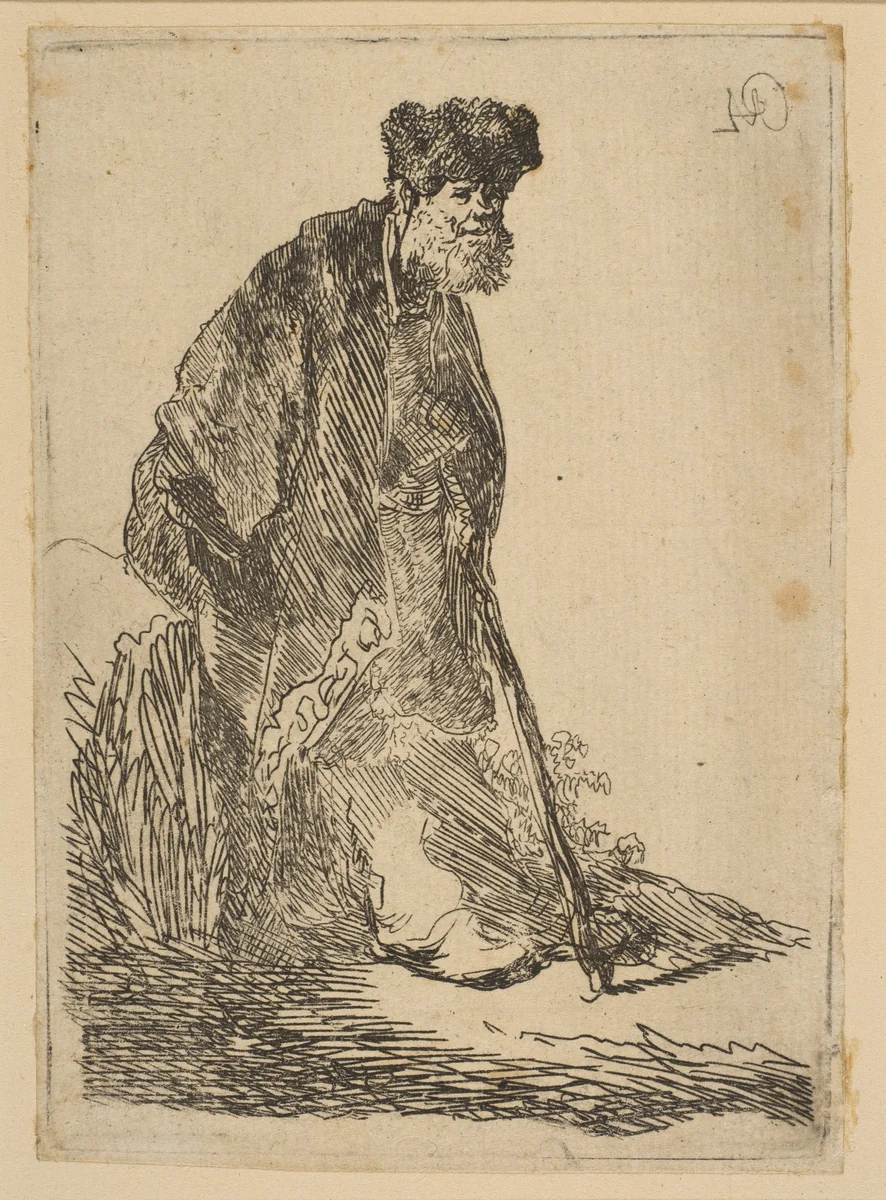 Man in a Cloak and Fur Cap, Leaning against a Bank by Rembrandt van Rijn, print, 1625-1635