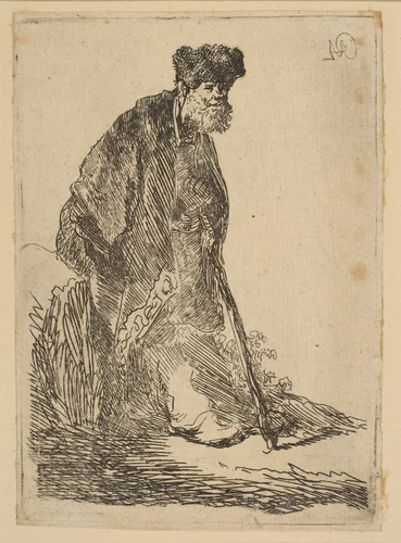 Man in a Cloak and Fur Cap, Leaning against a Bank by Rembrandt van Rijn, print, 1625-1635