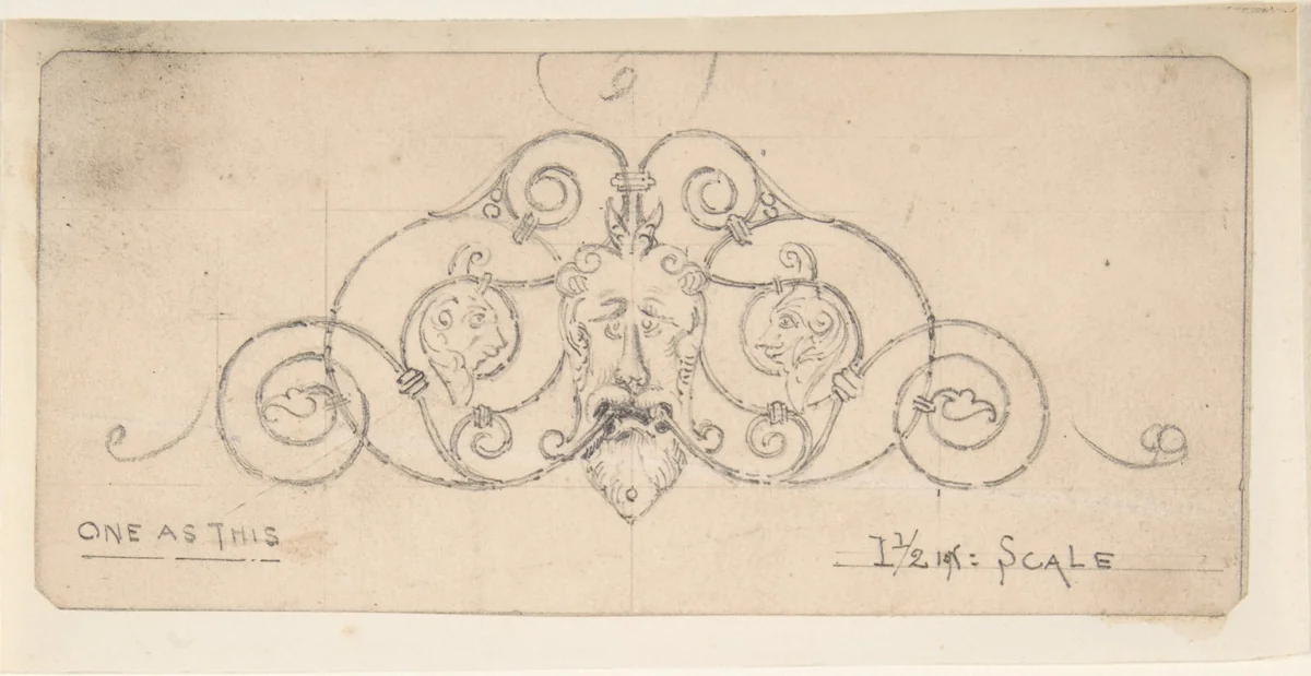 Wrought Metal Foliate Ornament with Grotesque Masks by anonymous, drawing, 1870-1890