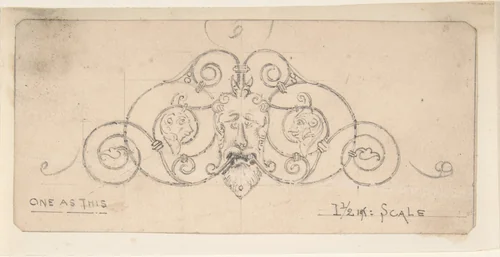 Wrought Metal Foliate Ornament with Grotesque Masks by anonymous, drawing, 1870-1890
