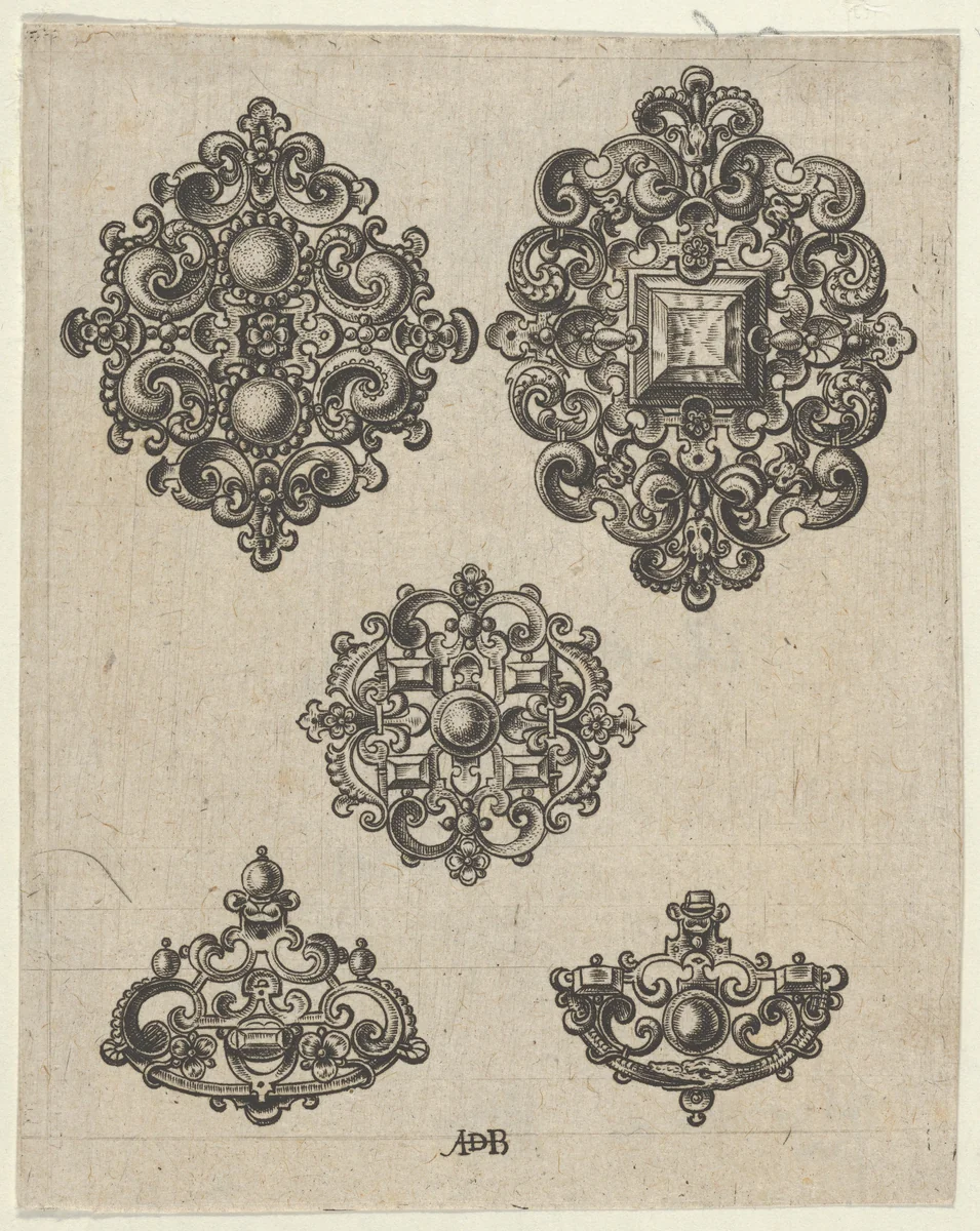 Vertical Panel with Five Jewelry Motifs by Abraham de Bruyn, print, 1580-1600