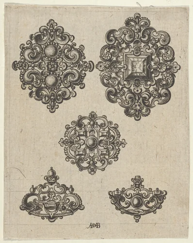Vertical Panel with Five Jewelry Motifs by Abraham de Bruyn, print, 1580-1600