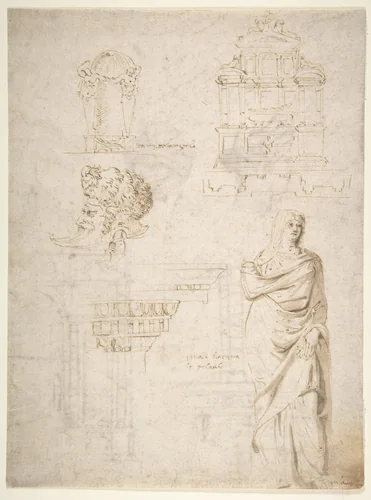 Sketches of a Funeral Monument, a Niche with Statues, a Helmet in the Shape of a Human Head, an Entablature and a Female Statue by Michelangelo Buonarroti, drawing, 1490-1564