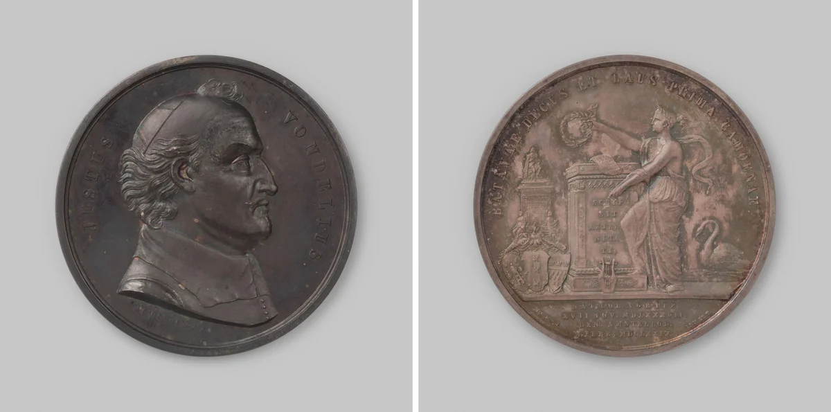 Oprichting van een standbeeld voor Joost van den Vondel te Amsterdam by Moses Cohen de Vries junior, metalwork, 1867