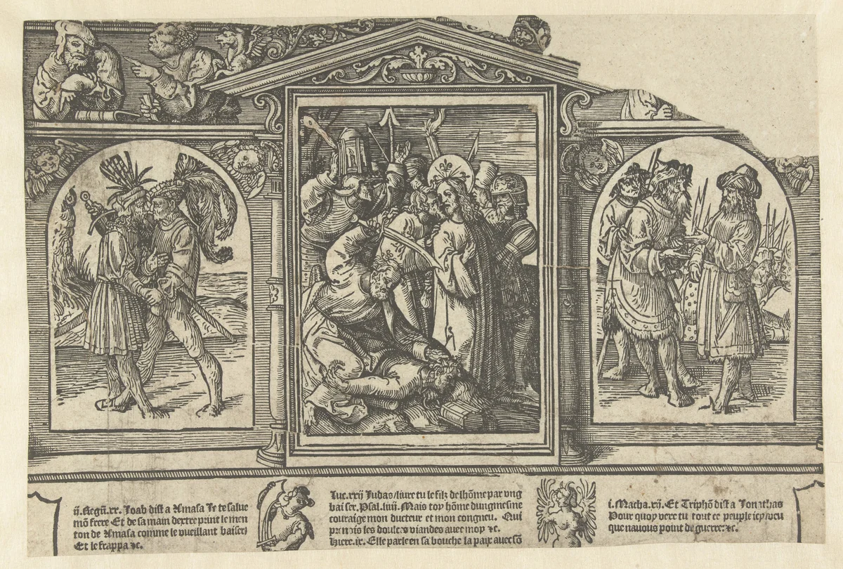 De Judaskus, Joab verraadt Amasa en Tryfon verraadt Jonathan by Jacob Cornelisz van Oostsanen, print, 1520-1521